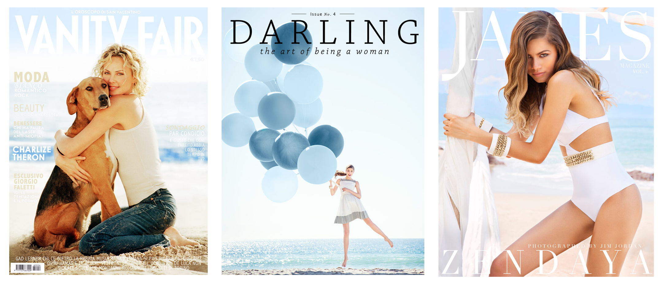 Celebrity fashion photographer Jim Jordan showcases fashion magazine covers. Charlize Theron on the cover of magazine Vanity Fair, shot by Jim Jordan. Taylor Hill on the cover of Darling magazine, shot by Jim Jordan. Zendaya on the cover of James magazine, shot by Jim Jordan.