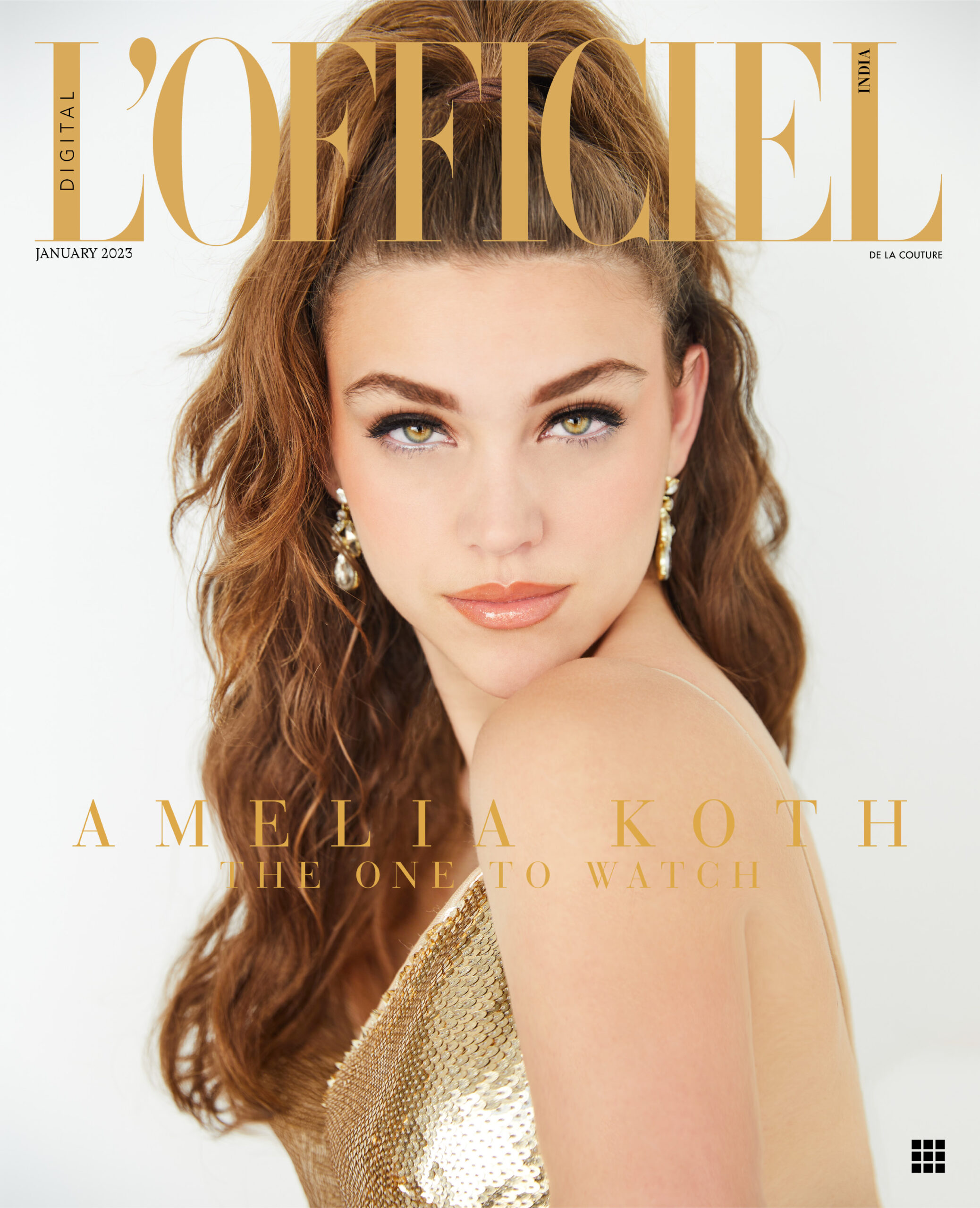 Model Amelia Koth is pictured in a gold dress for the cover of L'Officiel Magazine photographed by celebrity fashion photographer Ji Jordan.